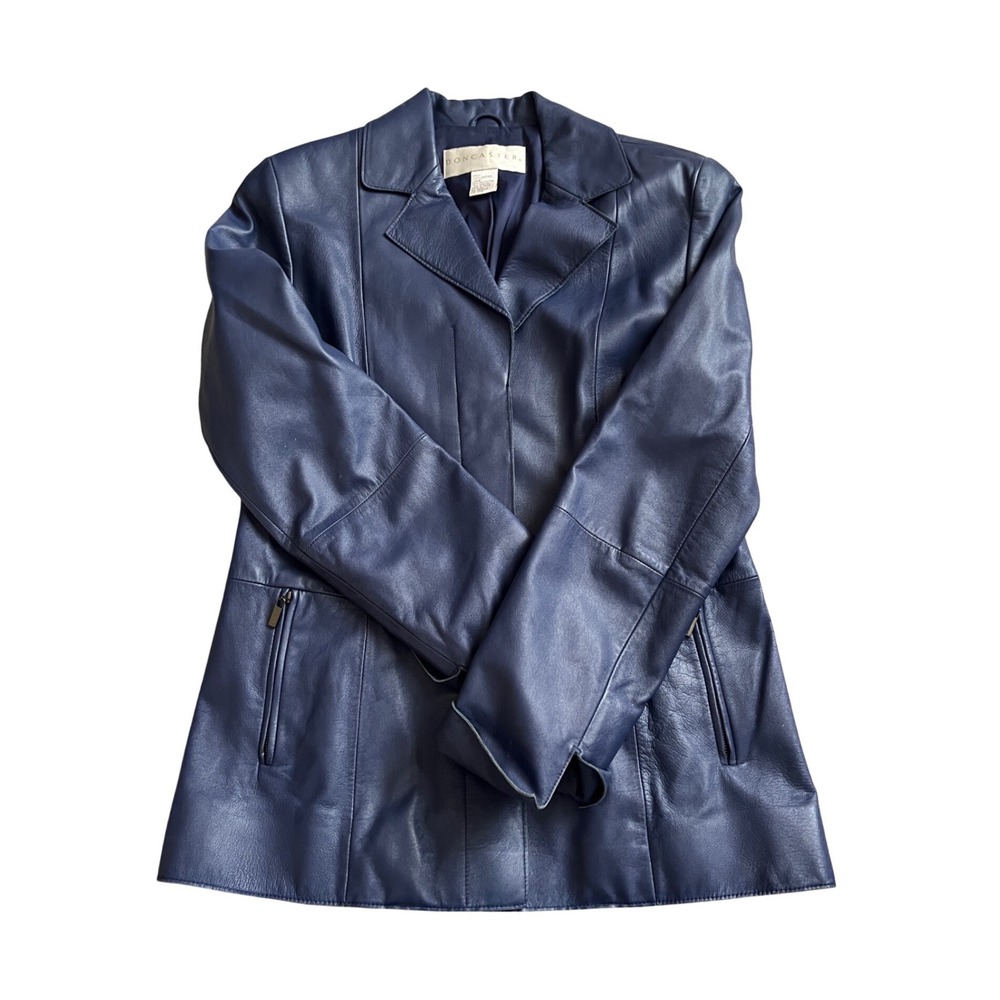 Vintage Blue‎ Leather 90s Don Caster Jacket Collared Button Front Size Small